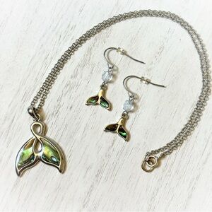 Silver Toned Abalone Inlay Whale Tale Pendant Necklace and Earrings Set
